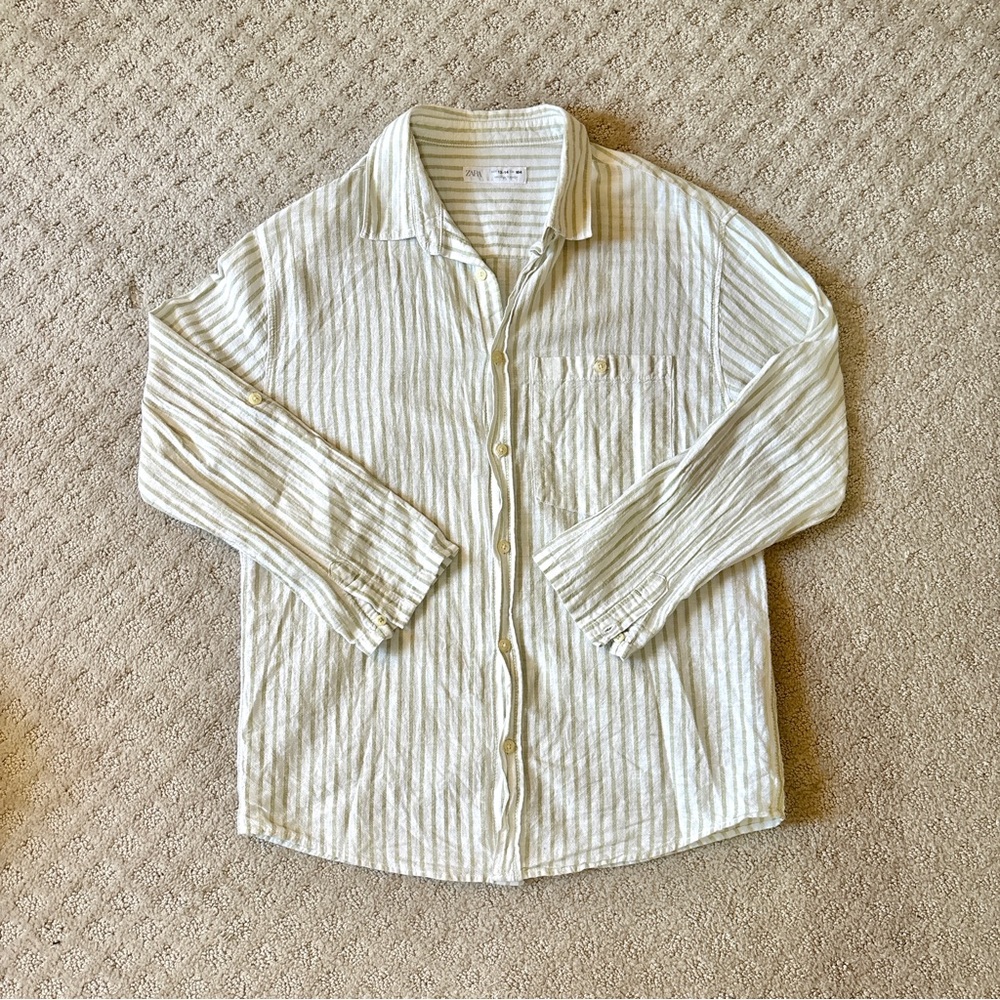 Zara Kids Green & White Striped Button Up